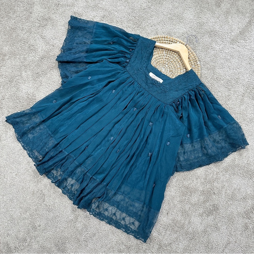 American Glamour Badgley Mischka Chiffon Top Embellishment Bell Sleeve Boho L
